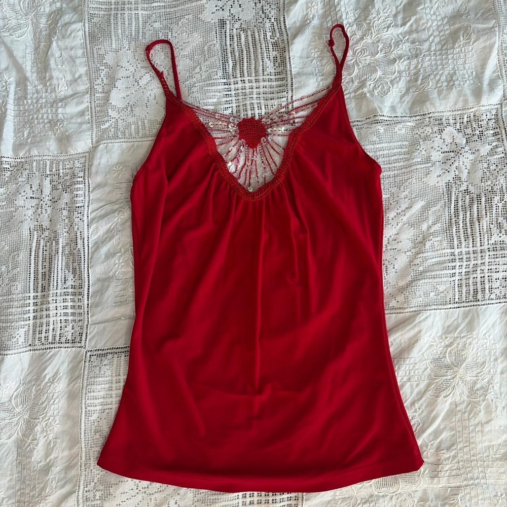 Tovia Red Y2K Cami Top Beaded Sequin Fairycore V-Neck Style 1381 L